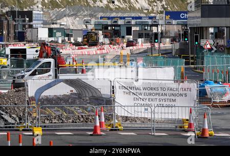 Work is carried out on the installation of the new Entry/Exit System (EES) at the Port of Dover, in Kent. In November the EU will introduce EES, a new digital border system, at the three UK locations where French border checks are carried out before people embark on cross-Channel journeys. Travellers from the UK and other non-EU countries will have to register at the border by having their fingerprints and photograph taken. Picture date: Thursday September 26, 2024. Stock Photo