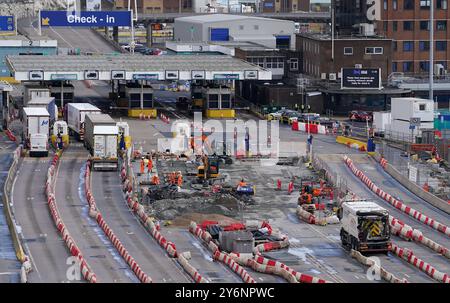 Work is carried out on the installation of the new Entry/Exit System (EES) at the Port of Dover, in Kent. In November the EU will introduce EES, a new digital border system, at the three UK locations where French border checks are carried out before people embark on cross-Channel journeys. Travellers from the UK and other non-EU countries will have to register at the border by having their fingerprints and photograph taken. Picture date: Thursday September 26, 2024. Stock Photo