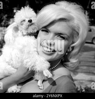 Rome, Italy: Actress Jayne Mansfield with her dog 'Doctor' at the villa with husband and children at Grottaferrata, near Rome. where she is engaged in filming 'Panic Button'. 24 May 1962 Stock Photo