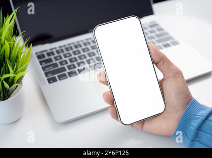 Mockup image screen smartphone, Cell phone with blank space for text, Hand woman work using smartphone, White background for advertising, Marketing, D Stock Photo