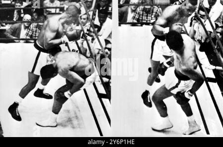 The New World Heavyweight Champion Cassius Clay ducks to safety after a left swing by Sonny Liston during the world heavyweight title  26 February 1964 Stock Photo