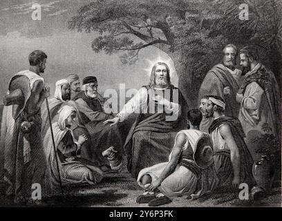 Jesus Christ giving a Sermon on the Mount ' Blessed are the Peace Makers (Gospel) from the Antique 19th Century National Comprehensive Family Bible  ( Stock Photo