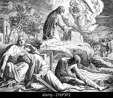 Illustration of Jesus Christ Praying in the Garden of Gethsemane when and Angels Appeared from Heaven and Gave him Strength (The Agony) while the Thre Stock Photo