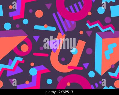 Seamless pattern with 3d geometric shapes in 80s memphis style. Colorful background with isometric geometric shapes. Design for wallpapers, wrappers, Stock Vector