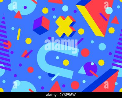 Seamless pattern with 3d geometric shapes in 80s memphis style. Colorful background with isometric geometric shapes. Design for wallpapers, wrappers, Stock Vector
