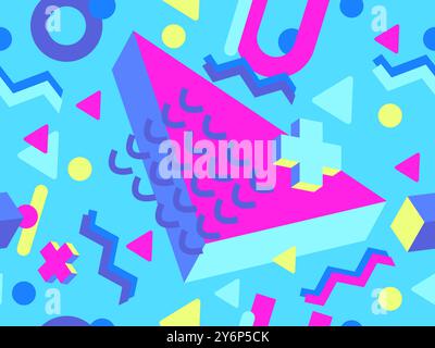 Seamless pattern with 3d geometric shapes in 80s memphis style. Colorful background with isometric geometric shapes. Design for wallpapers, wrappers, Stock Vector