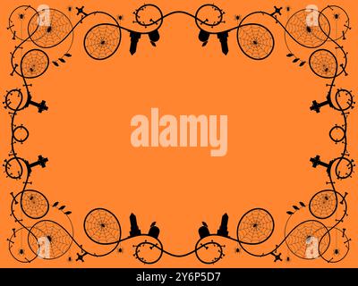 Halloween frame with space for text. Halloween frame with cobwebs, spiders, tombstones and crows. Design a template for invitations, leaflets and gree Stock Vector