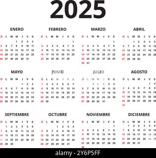 One sheet 2025 spanish language calendar isolated on a white background Stock Vector