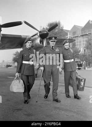 AIR CADETS START TOUR WITH  ' THE CHIEF '    Two youngsters who hope soon to join the Royal Air Force, began their greatest adventure when they flew from Northolt airport, Middlesex. Air Chief Marshal Sir John Slessor, who became Chief of Air Staff on January 1 - on his two-month air tour of R.A.F.units in the Middle and Far East.  The youths, both members of the air training corps, are cadets flight Sgt J.Crew, 17, of Spencer Road, Bournemouth, and cadet Cpl Frederick Campbell Reid, 18, of Church Street, Bangor, Co down, Northern Ireland.  Crook is head boy of Bournemouth School.   There will Stock Photo