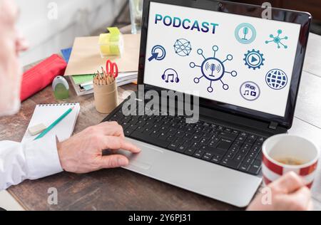 Podcast concept shown on a laptop screen Stock Photo