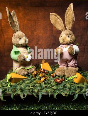 Two rabbits are standing on a green grassy area with carrots and chocolates. One of the rabbits is holding a carrot in its mouth Stock Photo
