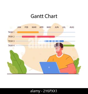 Planning and organization of tasks on board. Character planning or checking task, appointment or assignment in a planner. Time table organization for performance efficiency. Flat vector illustration Stock Vector