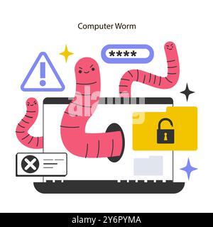 Worm cyber attack. Laptop infected with computer worm malware. Autonomously self-replicating and spreading software infect computer systems. Flat vector illustration Stock Vector