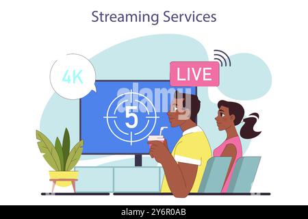 Movie streaming platform. Couple watching film at home with digital online theatre. Television multimedia service broadcasting a video. Flat vector illustration Stock Vector