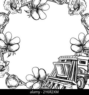 Cotton harvester. A black and white vector graphic illustration made by hand. A stylized composition of a modern cotton harvester used in agriculture Stock Vector