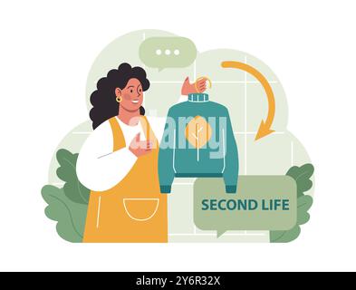 Conscious consumption. Character with eco-friendly life-style. Sustainable practice in the daily life. Zero waste. Upcycling or reuse of old clothes. Fast fashion effect. Flat vector illustration Stock Vector