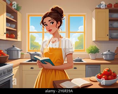 Stylized flat illustration of a thoughtful woman standing in a cozy, modern kitchen, surrounded by open recipe books and scattered utensils, with a pu Stock Photo