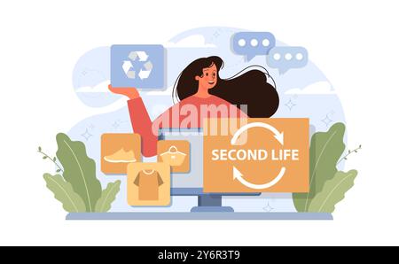 Conscious consumption. Character with eco-friendly life-style. Sustainable practice in the daily life. Zero waste. Upcycling or reuse of old clothes. Fast fashion effect. Flat vector illustration Stock Vector