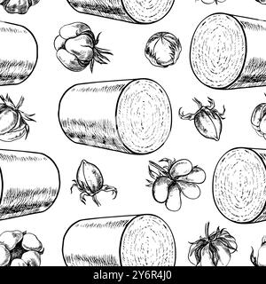 Cotton harvesters. Seamless black and white drawing, graphic vector illustrations in the form of cotton boxes and cotton rolls. On a white background. Stock Vector