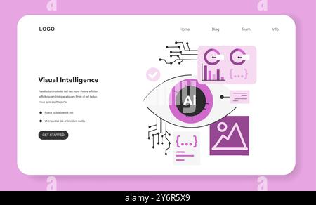 Visual intelligence web banner or landing page. Ai, self-learning computing system processing data for image recognition. Modern deep machine learning technology. Flat vector illustration Stock Vector