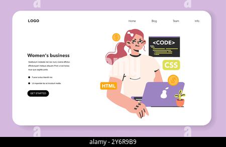Software developer web banner or landing page. Female programmer coding a website. Digital specialist creating a web page. Woman at the desk with a laptop. Flat vector illustration Stock Vector