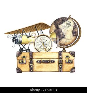 An aerial vintage trip. Vintage retro airplane, compass, suitcase and globe. The illustration is made by hand in watercolor. For postcards, banners, s Stock Photo