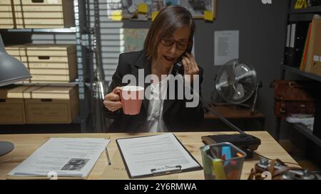 Professional woman multitasks on the phone and sips coffee in a cluttered detective office with documents, an old camera, and a fan. Stock Photo