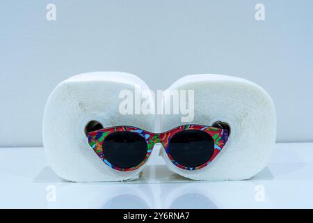 Two toilet paper rolls with sunglasses on a white background Stock Photo