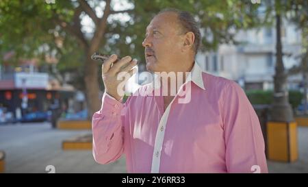 Mature man using smartphone voice assistant outdoors in city park. Stock Photo