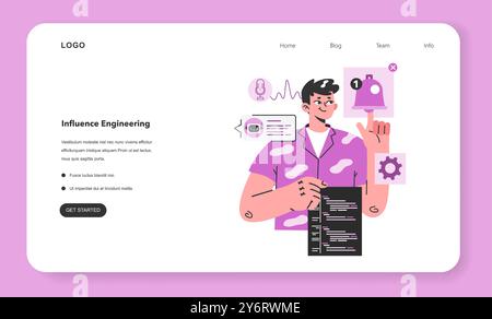 Digital marketing web banner or landing page. Influence engineering. Automated algorithm development. AI-based marketing tools for social media promotion. Flat vector illustration Stock Vector