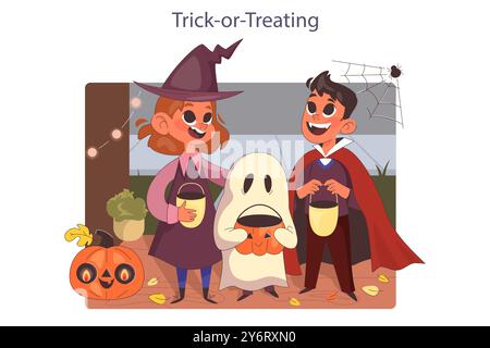 Halloween celebrating. Happy children wearing costume trick or treating. Friends collecting sweets and candies. Scary night tradition. Flat vector illustration Stock Vector