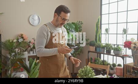 A mature man with a beard, wearing glasses and a brown apron, checks his phone in a bountiful indoor flower shop. Stock Photo