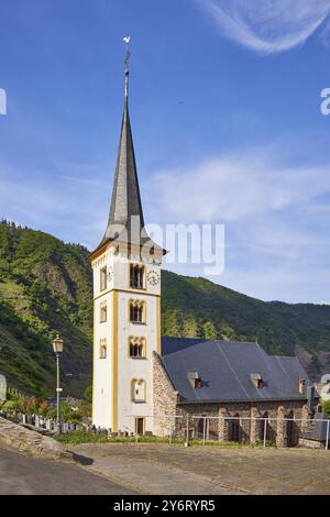 St Laurentius Church under a blue sky with cirrus clouds in Bremm, Cochem-Zell district, Rhineland-Palatinate, Germany, Europe Stock Photo