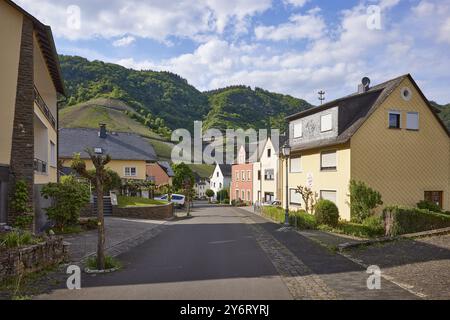 Brunnenstrasse with houses and vineyards under a blue sky with white cumulus clouds in Bremm, district of Cochem-Zell, Rhineland-Palatinate, Germany, Stock Photo