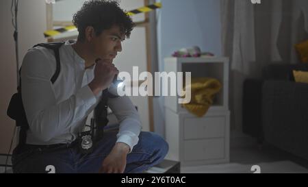 A young hispanic male detective examines an indoor crime scene with focused attention, symbolizing investigation and suspense. Stock Photo