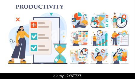 Productivity concept set. Character worktime optimization. Employee job performance, multitasking and efficiency. Career progress and development. Flat vector illustration Stock Vector