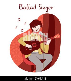 Chinese pop music. Ballad singer with a guitar singing to a microphone. Young performer on stage playing romance song. Flat vector illustration Stock Vector