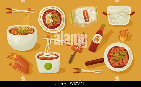 Tteokbokki. Traditional asian street food. Korean stir-fried rice cakes. Spiced with hot chili paste. Tteokbokki dishes. Flat vector illustration Stock Vector