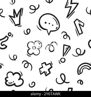 Simple hand drawn seamless pattern with dialog boxes, crown, flower, lightning, zigzagss. Signs and symbols for design Stock Vector