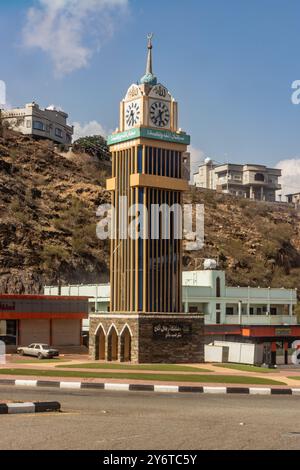 RIJAL ALMA, SAUDI ARABIA - NOVEMBER 20, 2021: Clock tower in Rijal Alma village, Saudi Arabia Stock Photo