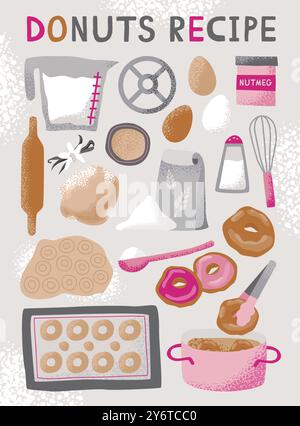 Donut or doughnut recipe set. Collection of delicious dessert cooking ingredients, glaze or frosting. Sweet fried pastry cooking kitchen appliance and tools. Flat vector illustration Stock Vector