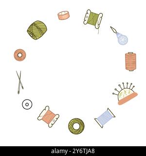 Needlework Wreath or Circle Frame, Border for handmade classes, Handicraft. Hand drawn colored vector illustration of tools for Sewing. Threads Spools Stock Vector