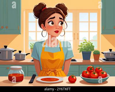 Stylized flat illustration of a thoughtful woman standing in a cozy, modern kitchen, surrounded by open recipe books and scattered utensils, with a pu Stock Photo