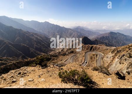 View of Al Souda mountains with a winding road near Abha, Saudi Arabia Stock Photo