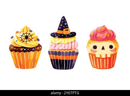 Watercolor Halloween cupcakes set. spooky decorated muffins. Halloween food for holiday designs Stock Vector