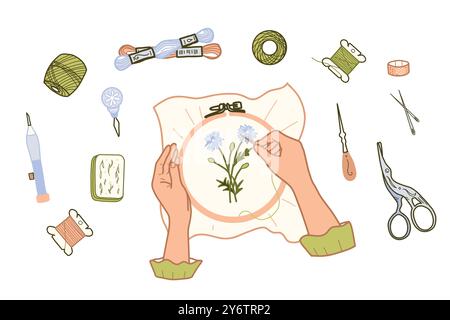 Female Hands Embroidering Flowers on a Hoop Canvas, Threads Spools, Scissors and Mulin Floss isolated on a white background. Needlework concept. Top Stock Vector