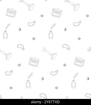 Line Art seamless pattern Products on White Background for Skin Care. Beauty Products for beauty salon, health industry, makeup artist. Stock Vector