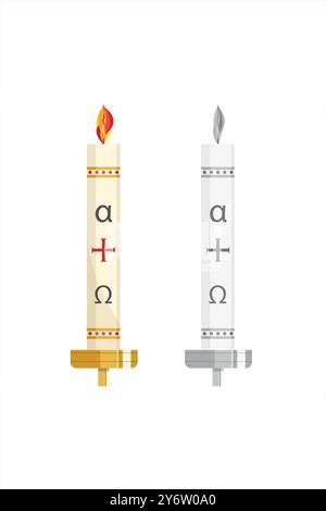 Line illustration of a large Paschal wax candle in a candlestick on a white background. Used in liturgies in Western Christianity. Stock Vector