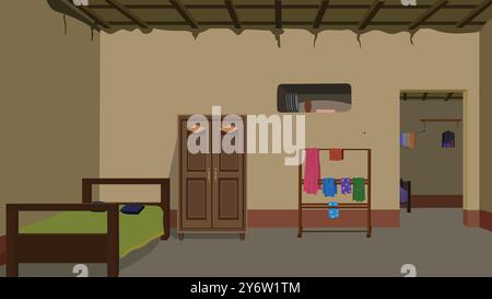 Village room inside vector, poor mud house room interior cartoon background illustrations with wooden bed,cupboard,clothes stand Stock Vector