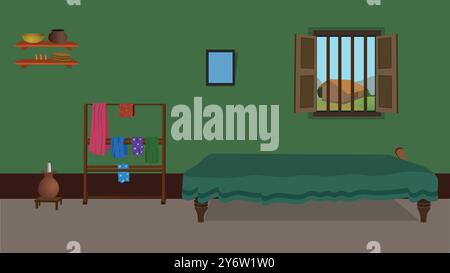 Village room inside vector, poor mud house room interior cartoon background illustration Stock Vector